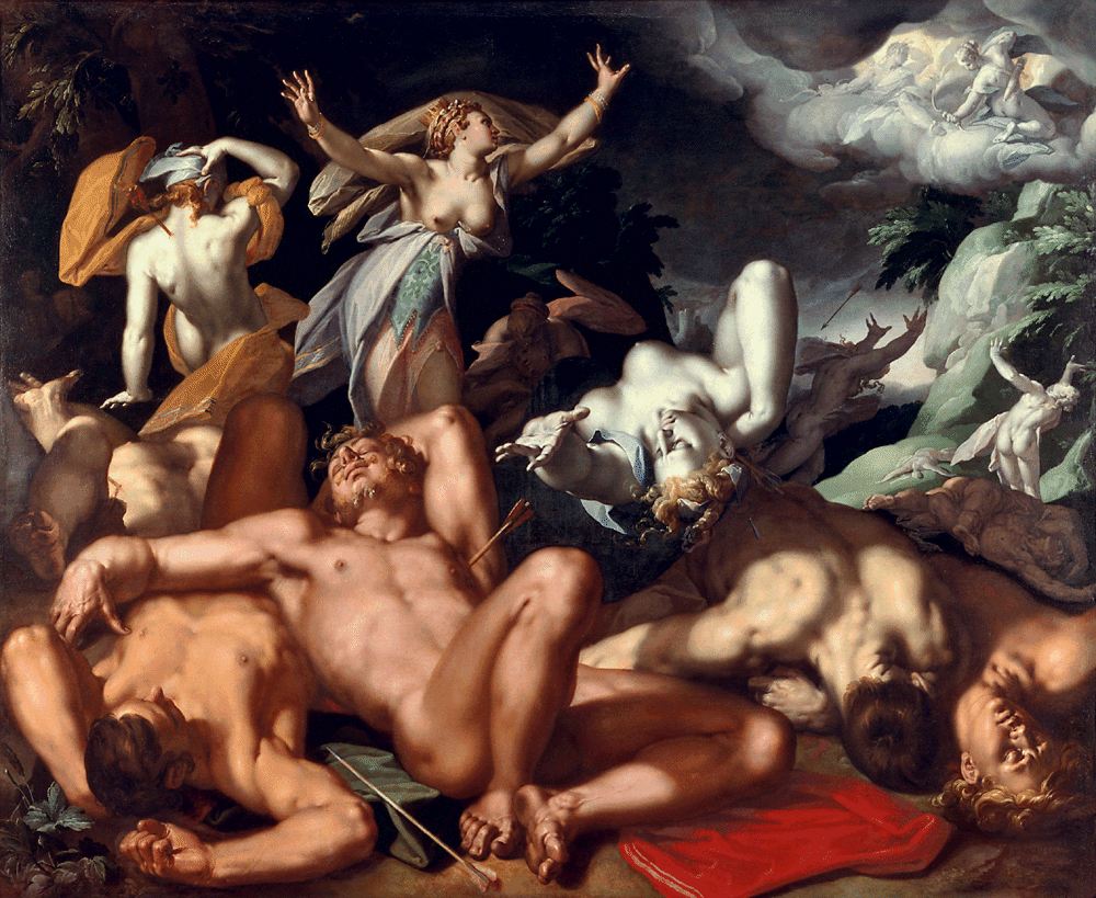 Apollo und Artemis schieen Pestpfeile auf Niobes Kinder