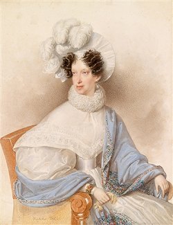 Bildnis einer Dame in weißem Kleid mit Federhut 1834