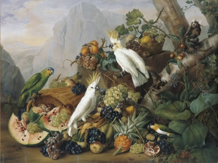 Franz Xaver Petter: Früchtstilleber mit Papageien 1827><br><br>
<img src=