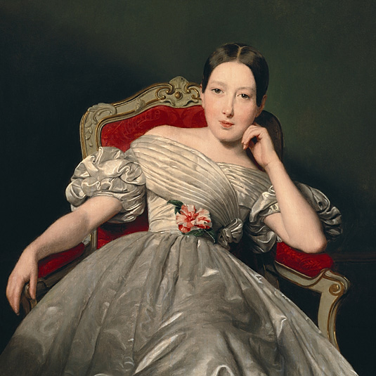 Sitzendes Mädchen im weißen Abendkleid 1839